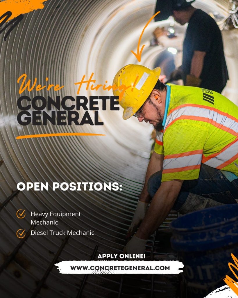 A graphic showing open job positions with concrete general, available in the road construction industry in maryland and Montgomery County, MD.